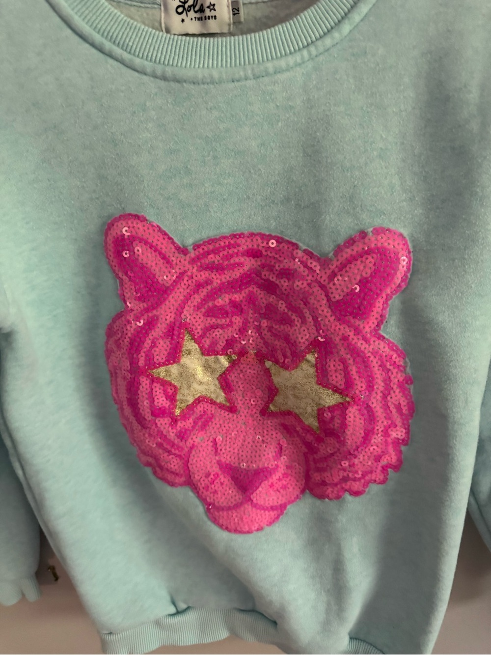 Lola + The Boys Aqua Sweatshirt with Pink Tiger Patch and Gold Stars - Picture 4 of 4